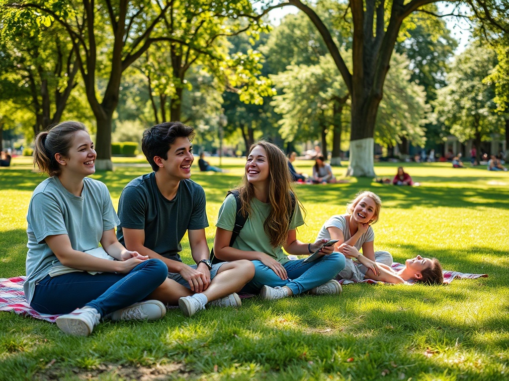 Группа друзей смеется и общается на траве в парке, наслаждаясь теплым солнечным днем.
