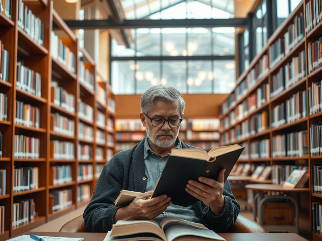 Мужчина читает книгу в библиотеке, окруженный полками с множеством книг. Спокойная и уютная атмосфера.