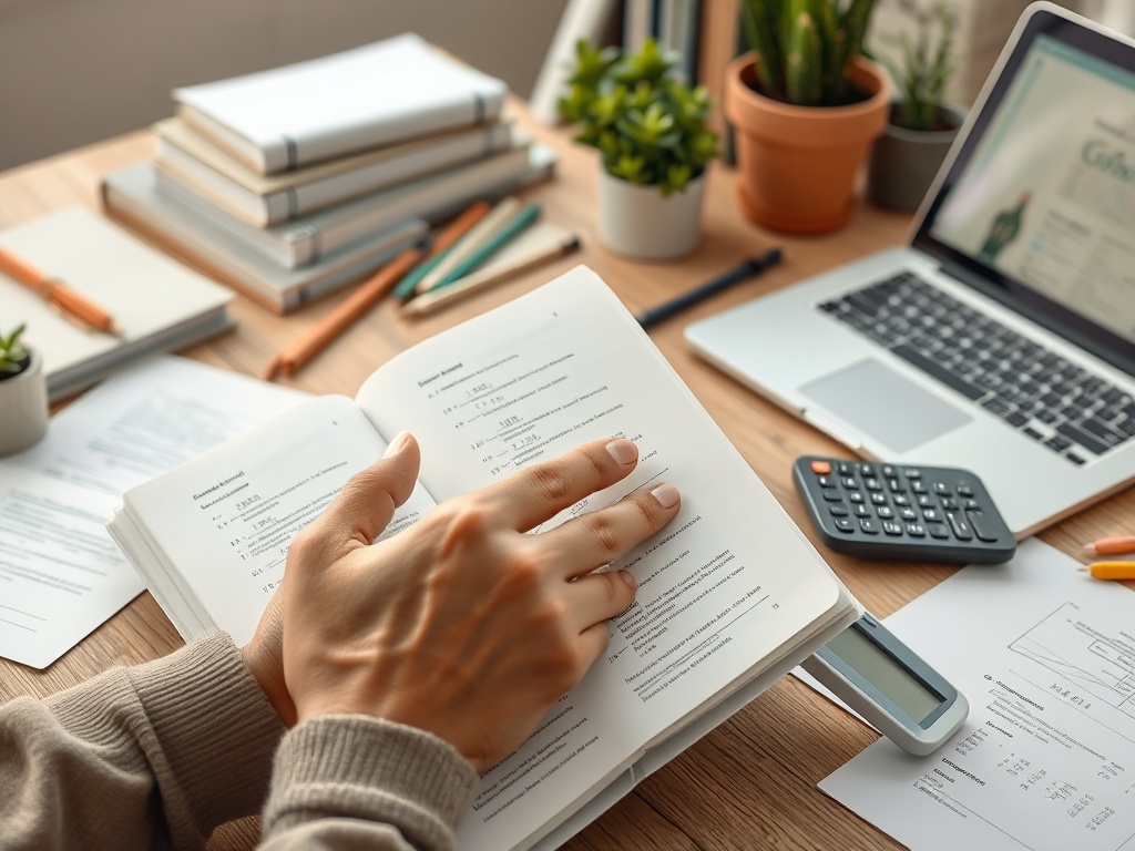 На рабочем столе видно открытая книга, ноутбук и канцелярские принадлежности. Человек изучает материал.