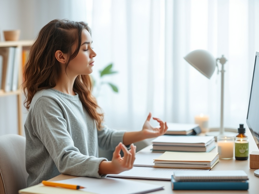 Женщина медитирует за столом, окружена книгами, свечами и настольной лампой в спокойной обстановке.