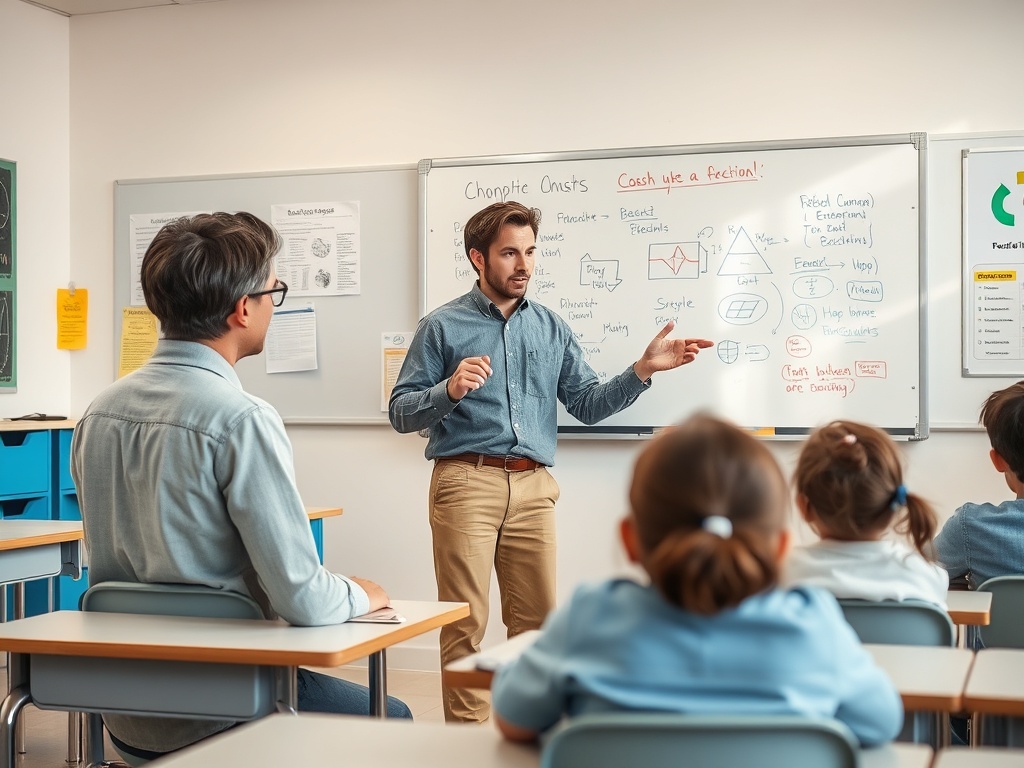 Учитель объясняет материал на доске ученикам в классе, некоторые из которых записывают заметки.