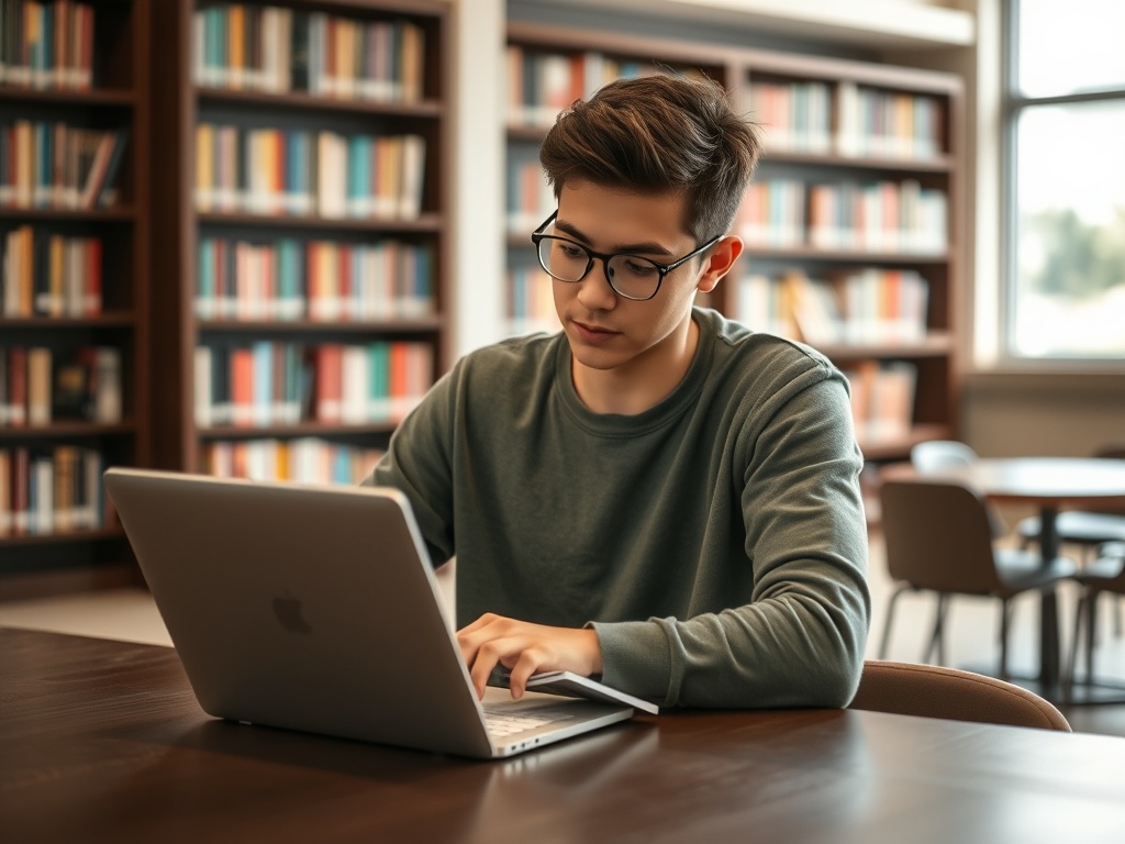 Молодой человек за столом в библиотеке, работает на ноутбуке, вокруг книжные полки.