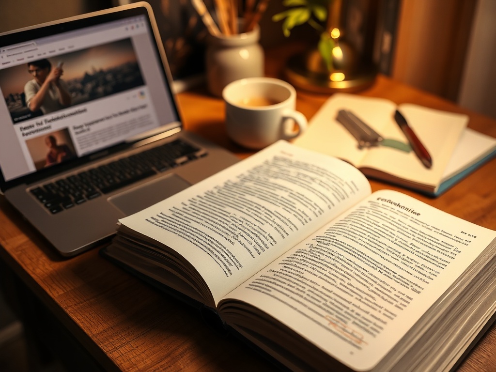 На столе лежит открытая книга, рядом ноутбук, чашка кофе и блокнот с ручкой. Уютная рабочая атмосфера.