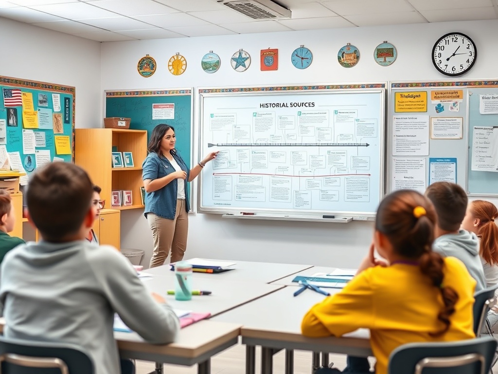 Учительница объясняет исторические источники группе учеников в классе. На стене — учебный материал.