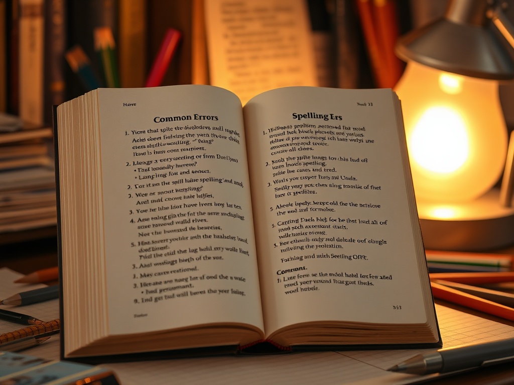 Открытая книга с текстом на английском языке, несколько ручек и лампа на фоне множества книг.