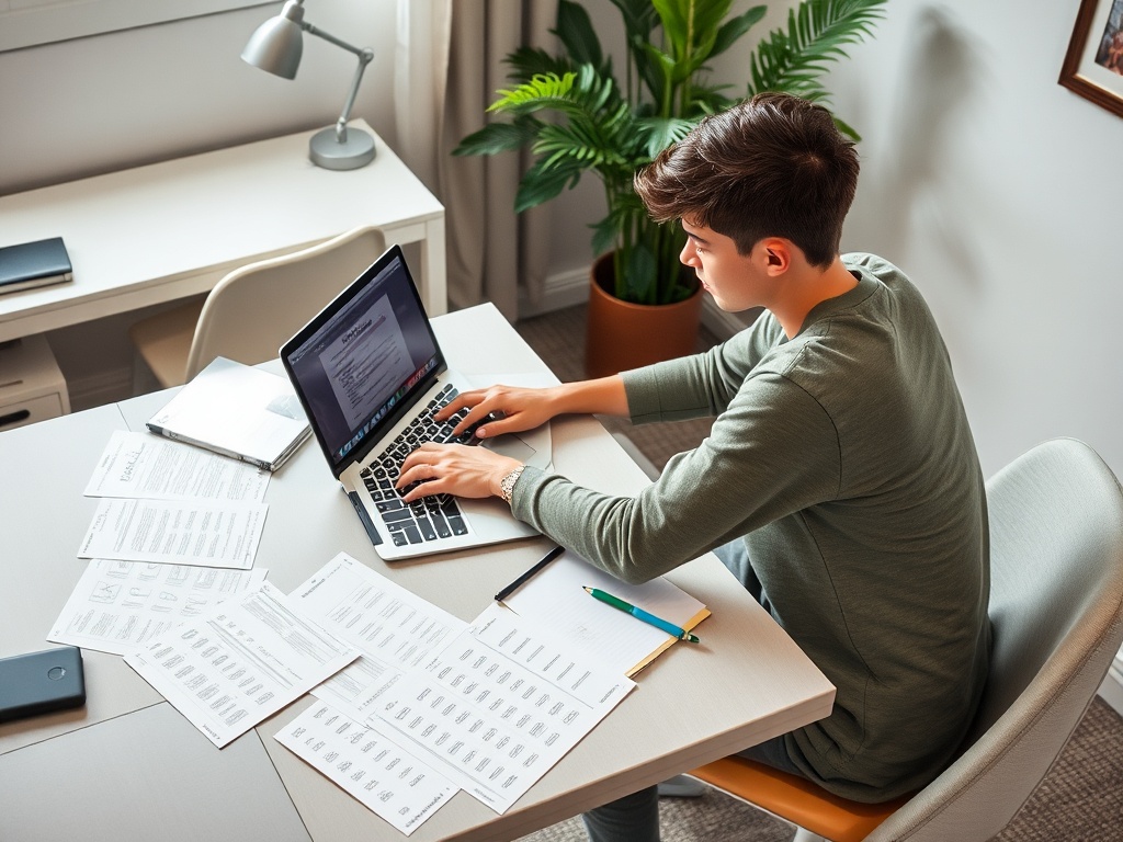 Молодой человек работает за ноутбуком, окруженный бумагами и растением в светлом офисе.
