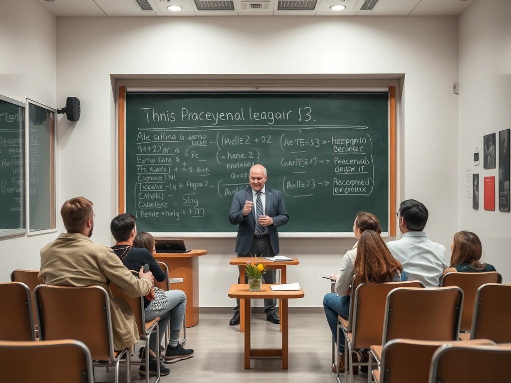 На занятия по математике преподаватель объясняет новую тему, студенты внимательно слушают.