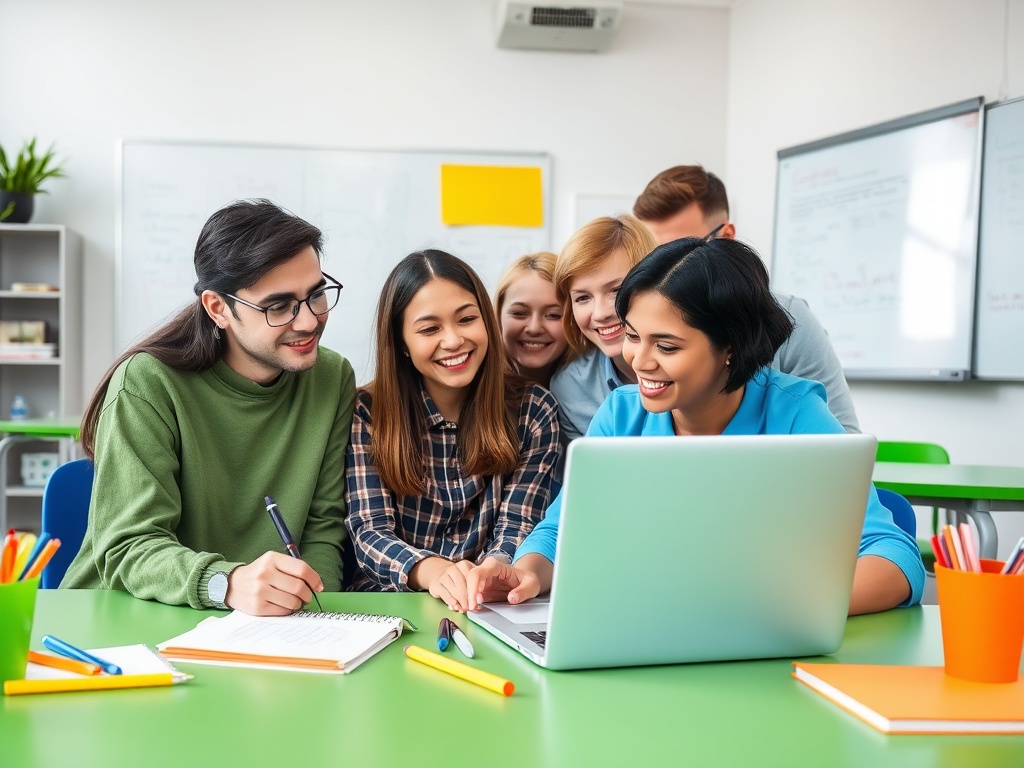 Группа студентов улыбается и обсуждает, глядя на экран ноутбука в классе.