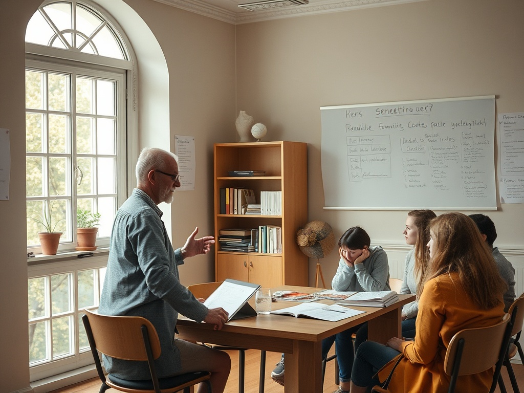 На занятии взрослый человек объясняет материал группе слушателей в уютной комнате.