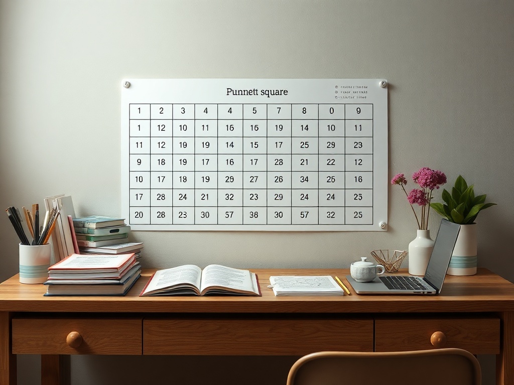 На стене висит таблица Пуннета, рядом с ней книги и ноутбук на деревянном столе. Цветы в вазе.