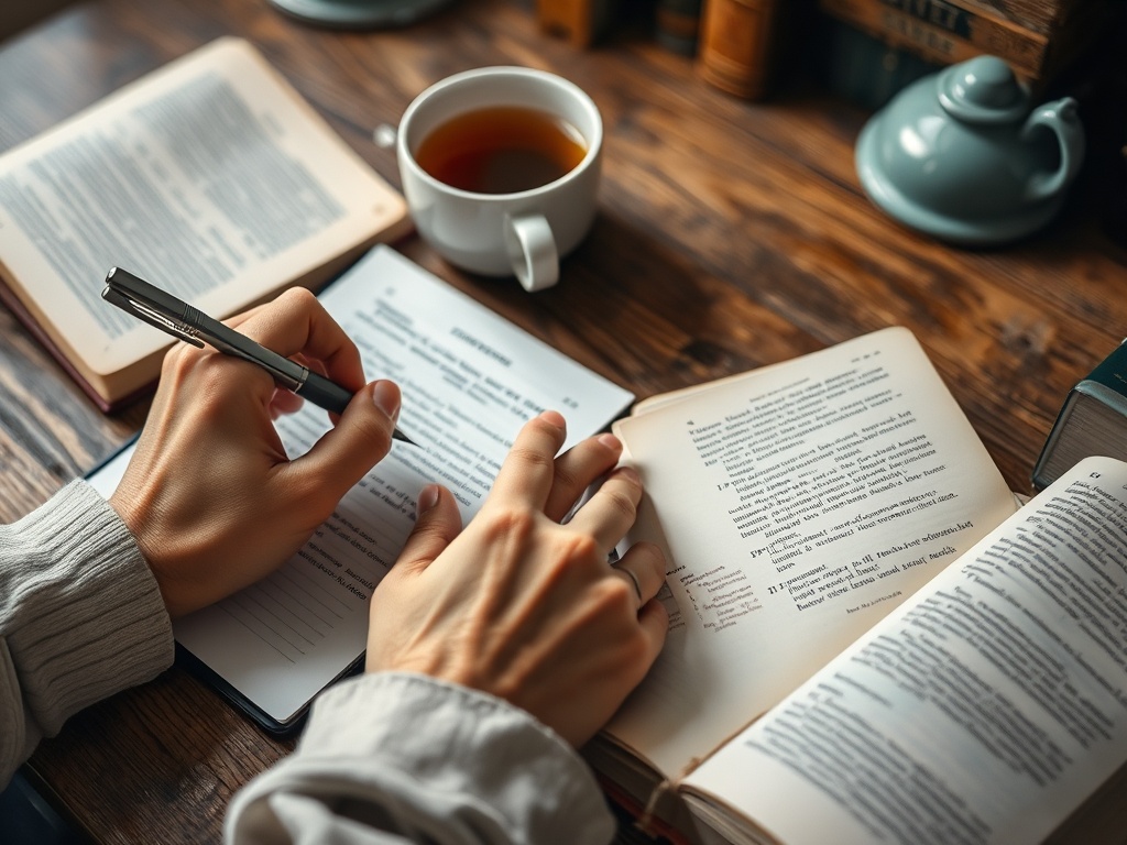 Человек пишет ручкой в блокноте рядом с книгами и чашкой чая на деревянном столе.