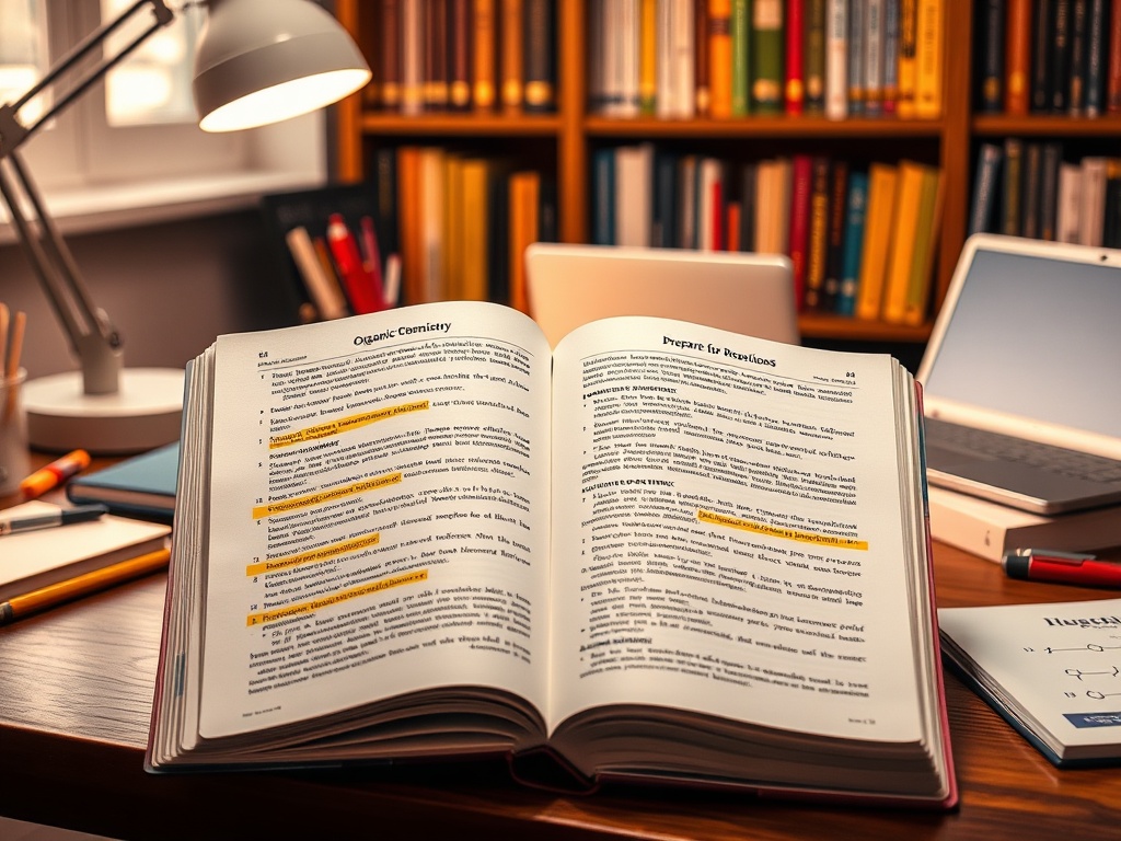 На столе открытая книга по органической химии, рядом ноутбук и канцтовары. Позади — книги на полках.