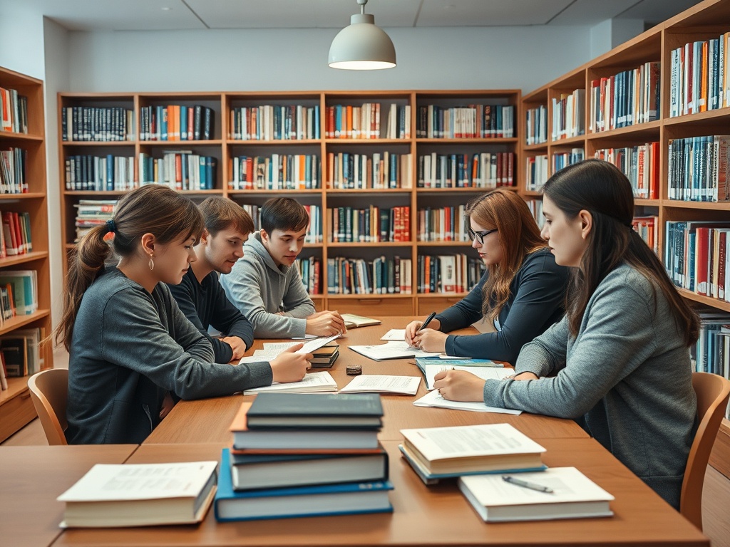 Группа студентов за столом в библиотеке, обсуждающих материал и делая заметки. Полки с книгами на фоне.