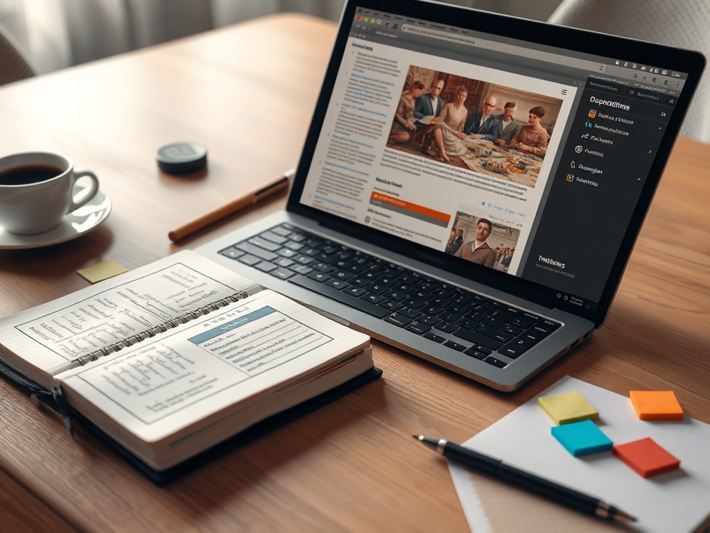 На столе ноутбук, блокнот с заметками, чашка кофе и цветные стикеры. Содержимое экрана связано с организацией.