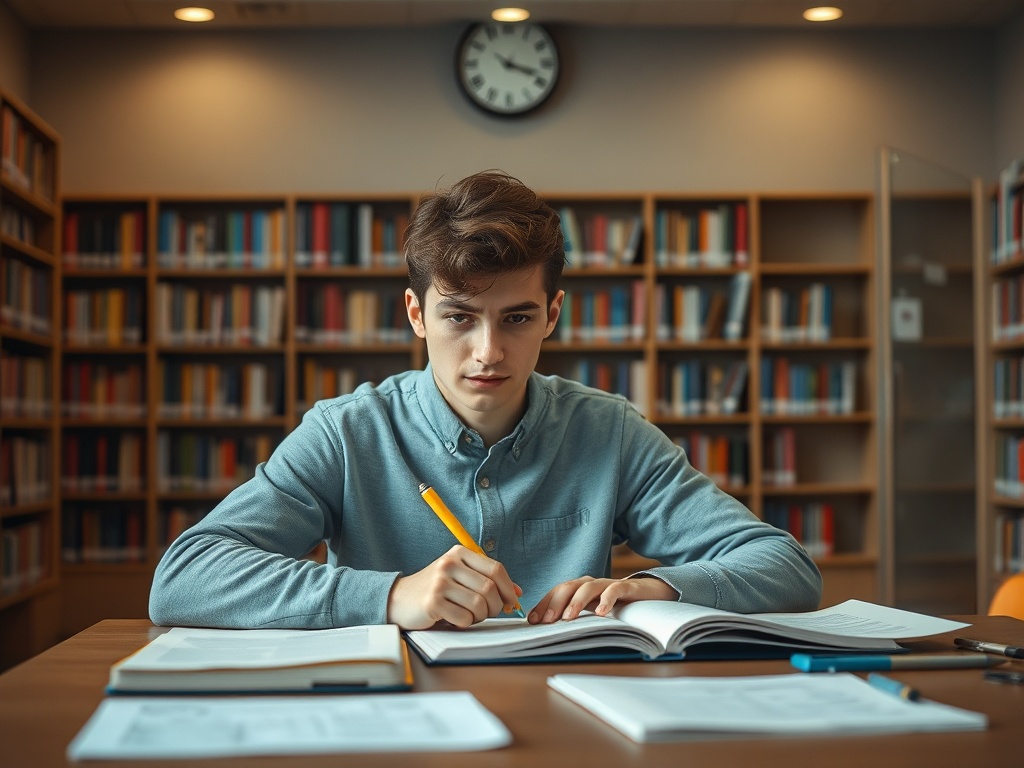 Подросток с ручкой в руке учится за столом в библиотеке, сосредоточенно смотря на открытый учебник.